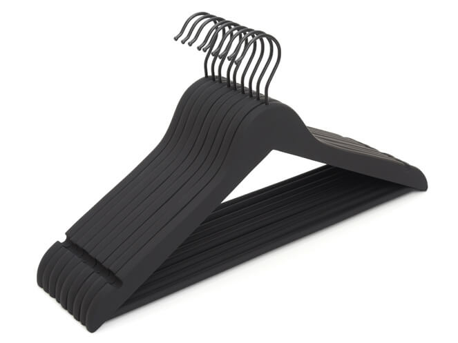 Kleiderbügel Holz schwarz, Soft Touch, Haken schwarz, mit Steg, 44 cm