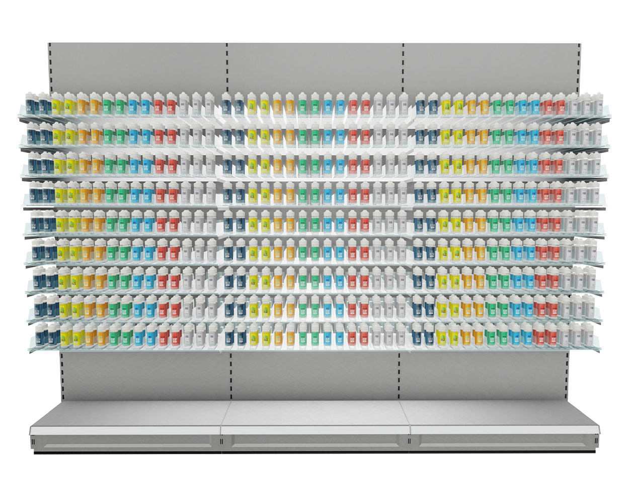 Tegometall Liquidregal für E-Zigaretten 3m mit Warenvorschubsystem, Höhe 220 cm