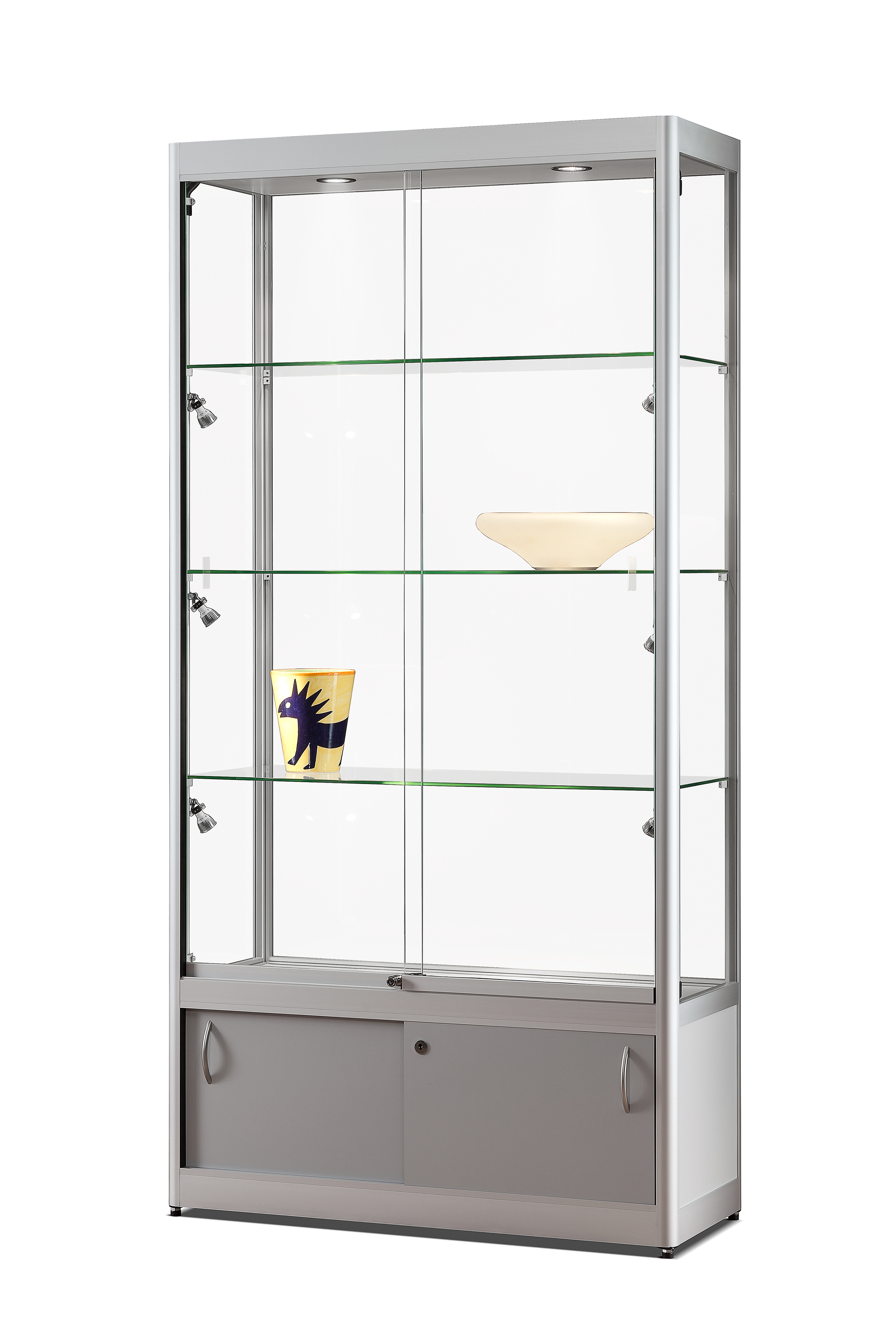 Verkaufsvitrine 315 1000-O-Side light mit Unterschrank, LED Deckenspots und Seitenbeleuchtung