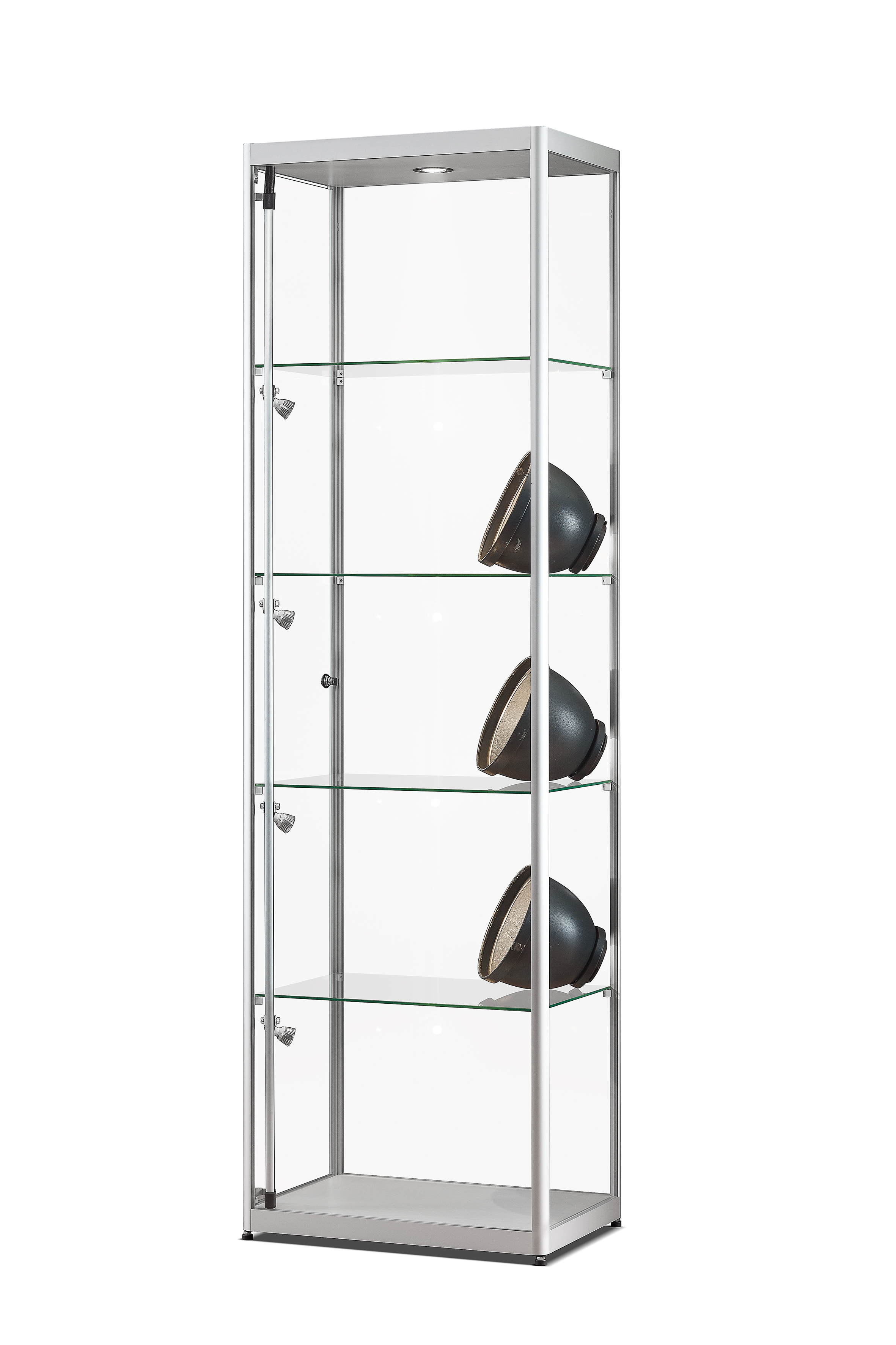 Verkaufsvitrine 115 600 silber mit LED Deckenspot und Seitenbeleuchtung 600 x 400 x 2000 mm