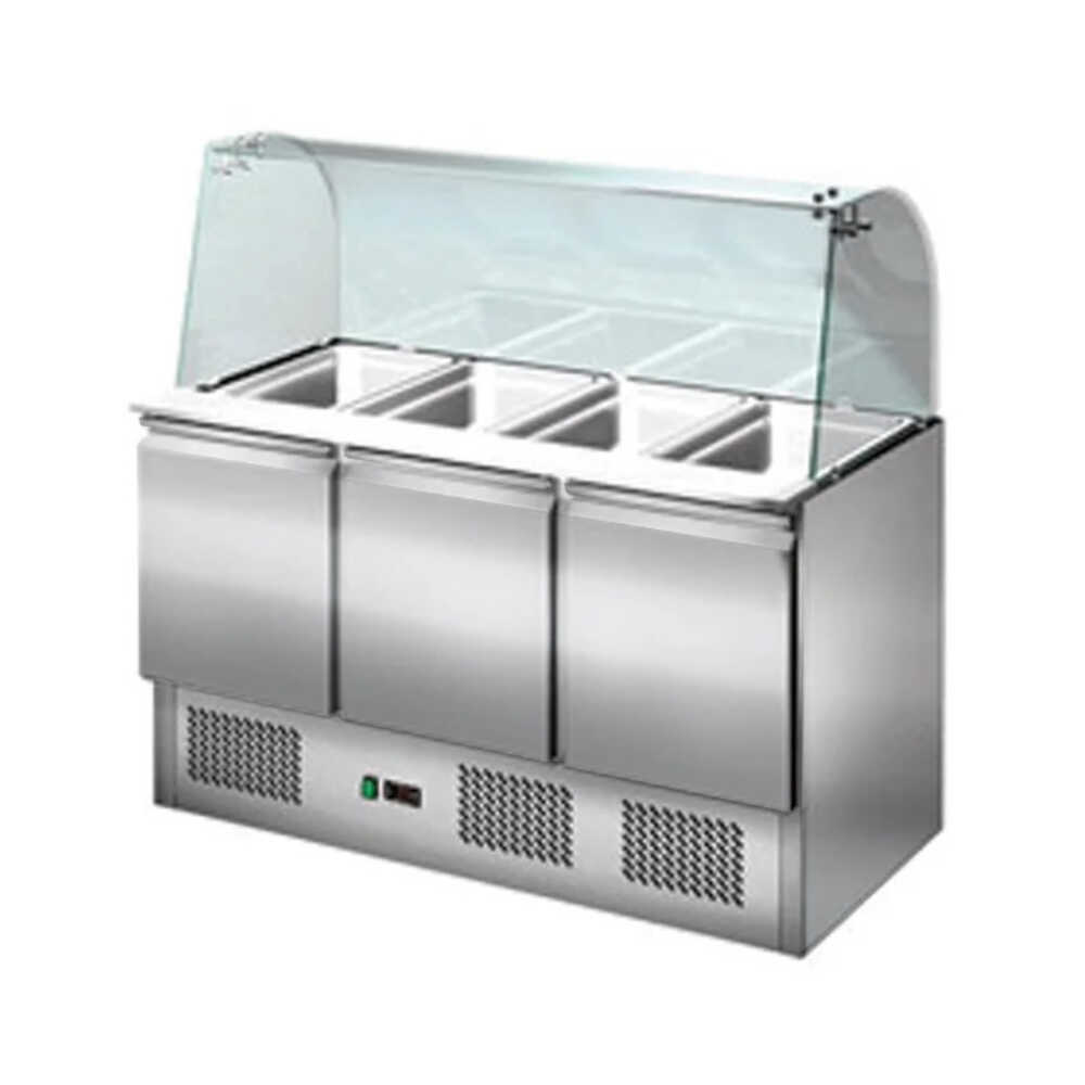 Skyrainbow Saladette mit 3 Türen und gebogenem Glasaufsatz, Ausschnitt für 4x GN1/1, 1365 x 700 x 1330 mm