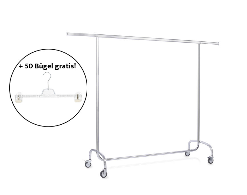 Kleiderständer Chrom - rollbar - 155 x 143 - 205 x 55cm + 50 Bügel Gratis