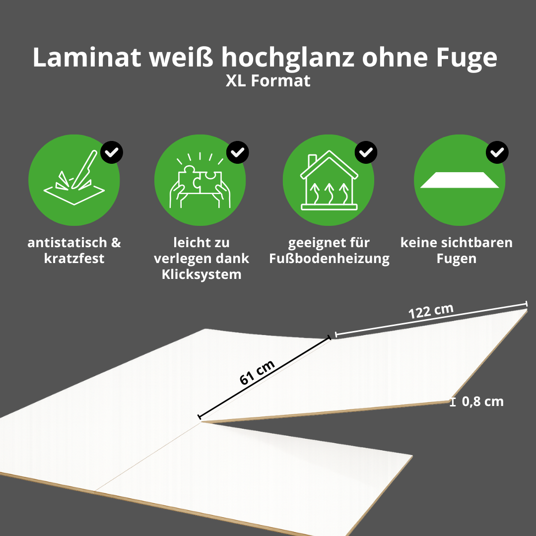 Hochglanz-Laminat weiß ohne Fuge im XL-Format, kratzfest, klickbar, für Fußbodenheizung geeignet