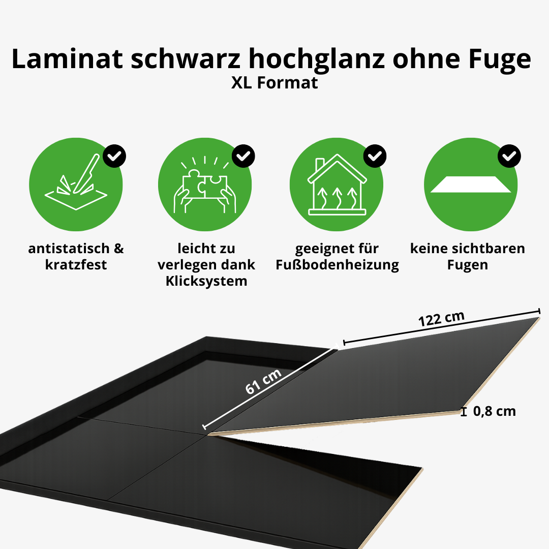 Hochglanz-Laminat schwarz ohne Fuge im XL-Format, kratzfest, klickbar, für Fußbodenheizung geeignet